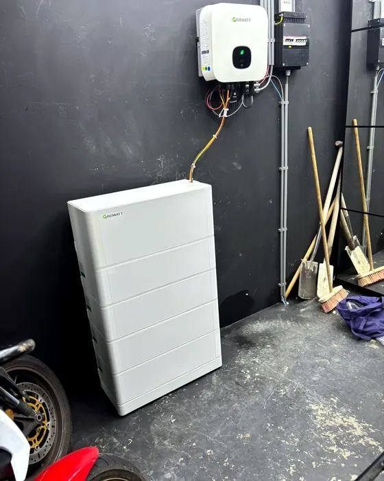 Geïnstalleerde thuisbatterij met omvormer aan de wand